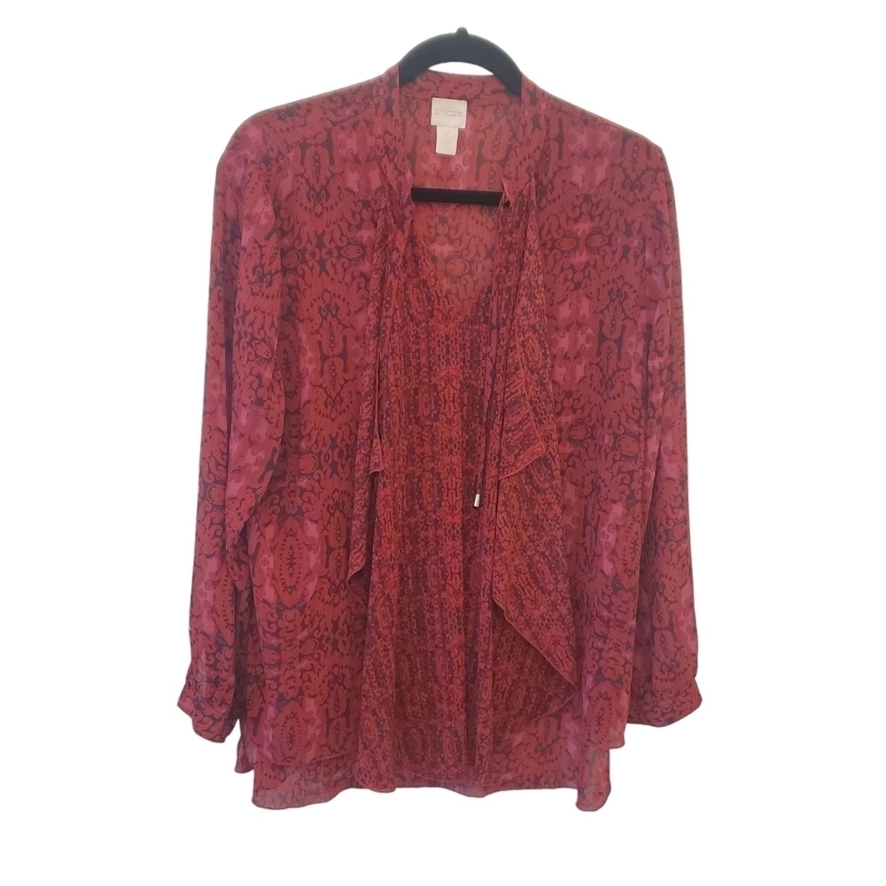 Chico's Size 2 Red Boho Print Long Sleeve Blouse